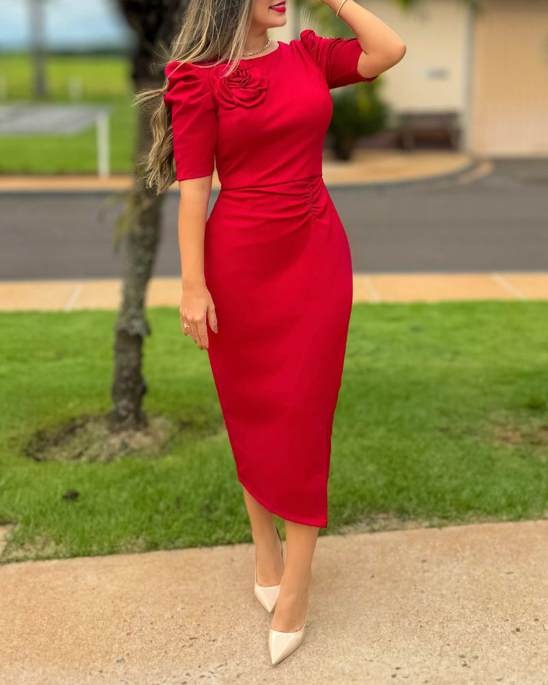 3D Floral Ruched Bodycon Dress with Puff Sleeves and Slit