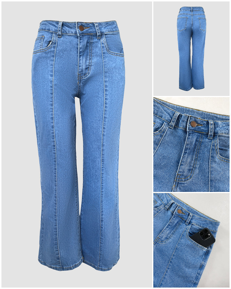 High Waist Straight Leg Seam Front Zip Casual Jeans
