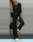 2-Piece V-Neck Button Top and Straight Leg Casual Pants Set