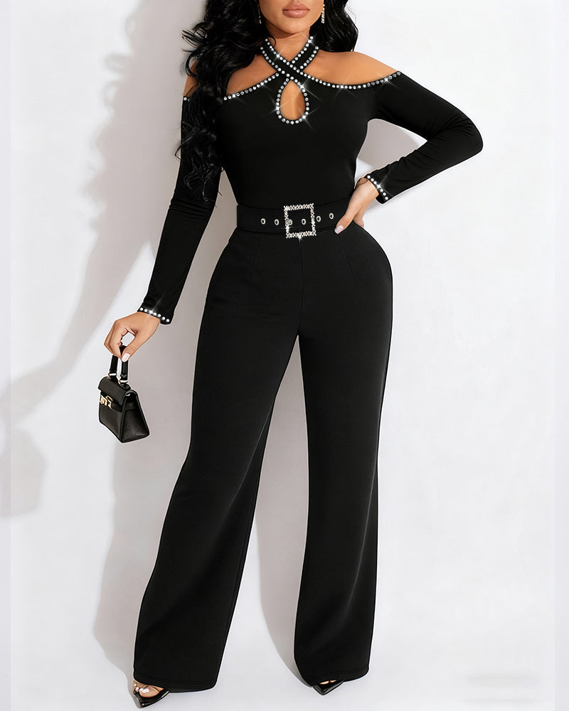 Cold Shoulder Rhinestone Halter Jumpsuit with Zipper Back