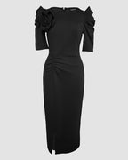 3D Floral Ruched Bodycon Dress with Puff Sleeves and Slit