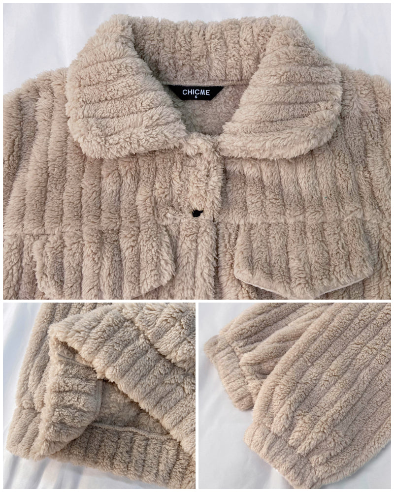 Striped Teddy Fleece Jacket with Buttons and Flap Pockets