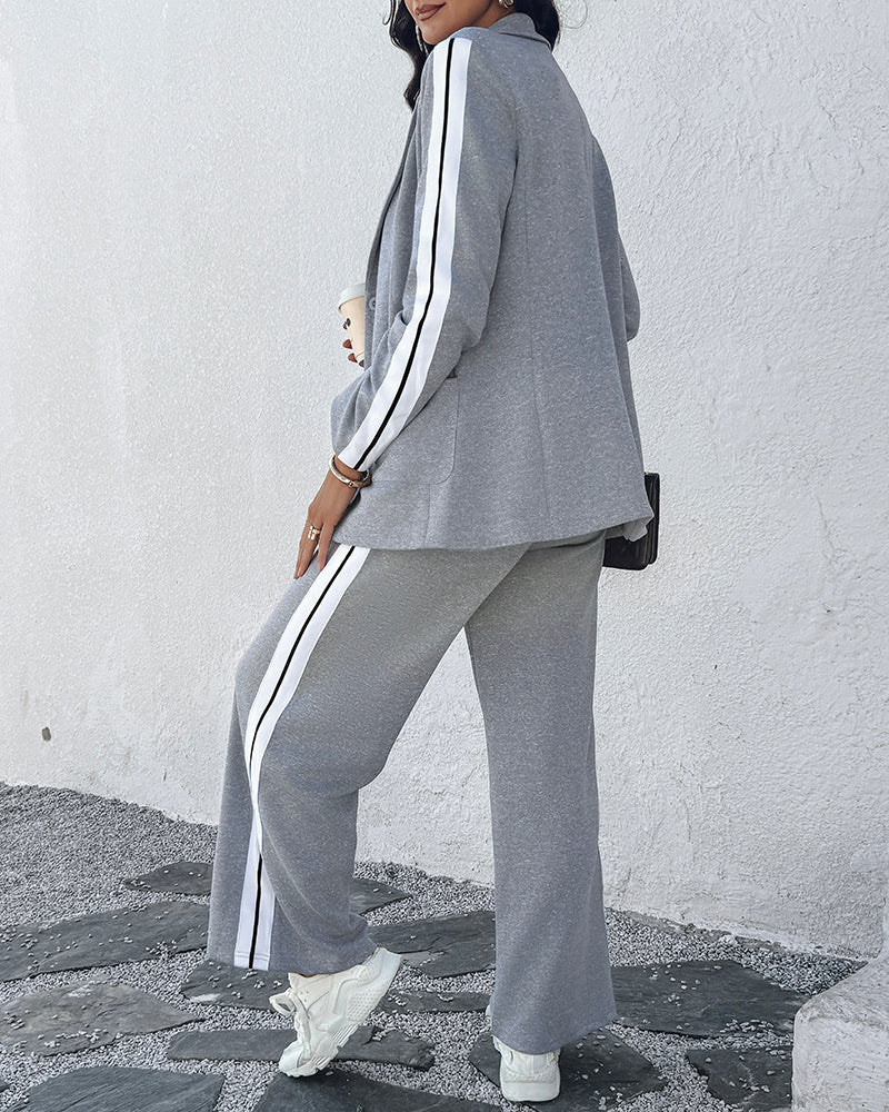 Striped Notched Collar Blazer with Coordinating Wide Leg Pants Set