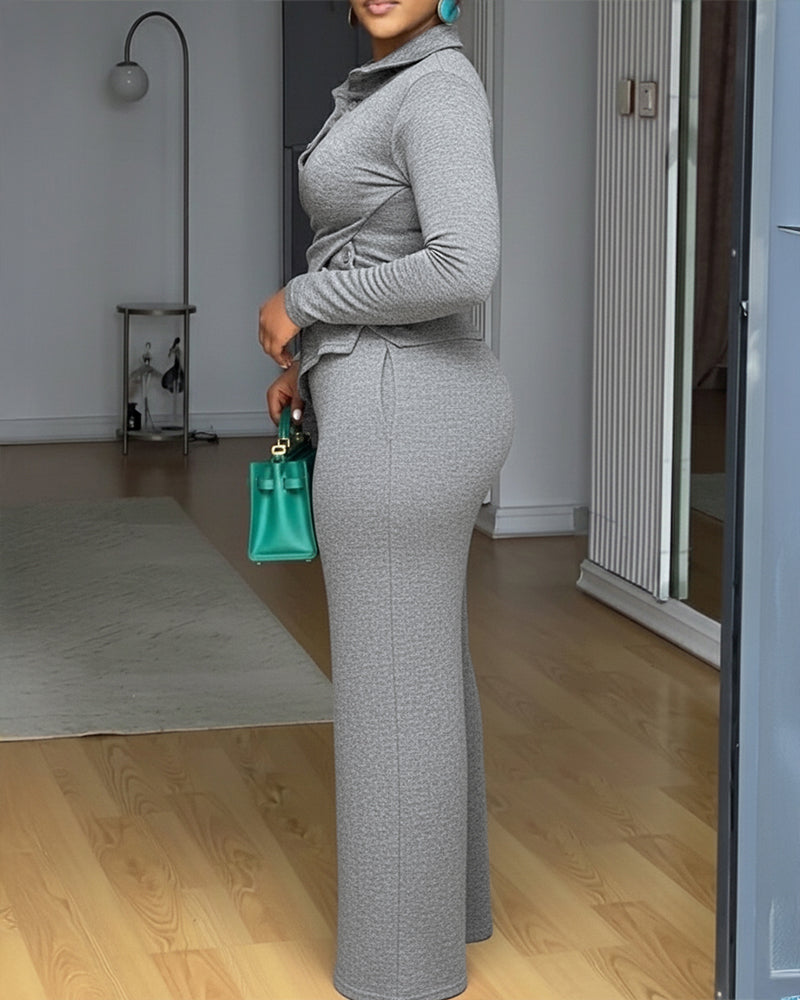 Chic Criss-Cross Button-Up 2-Piece with Pocketed Wide-Leg Pants Set.