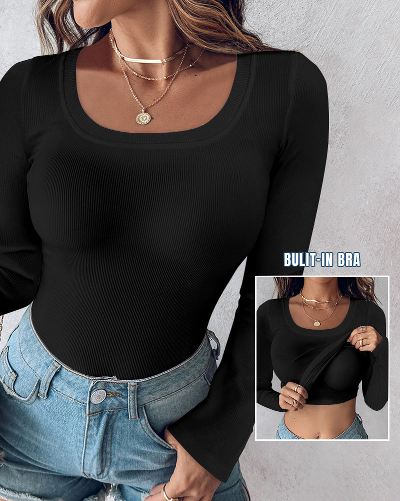 U-Neck Long Sleeve Ribbed Top with Built-In Bra