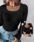 U-Neck Long Sleeve Ribbed Top with Built-In Bra