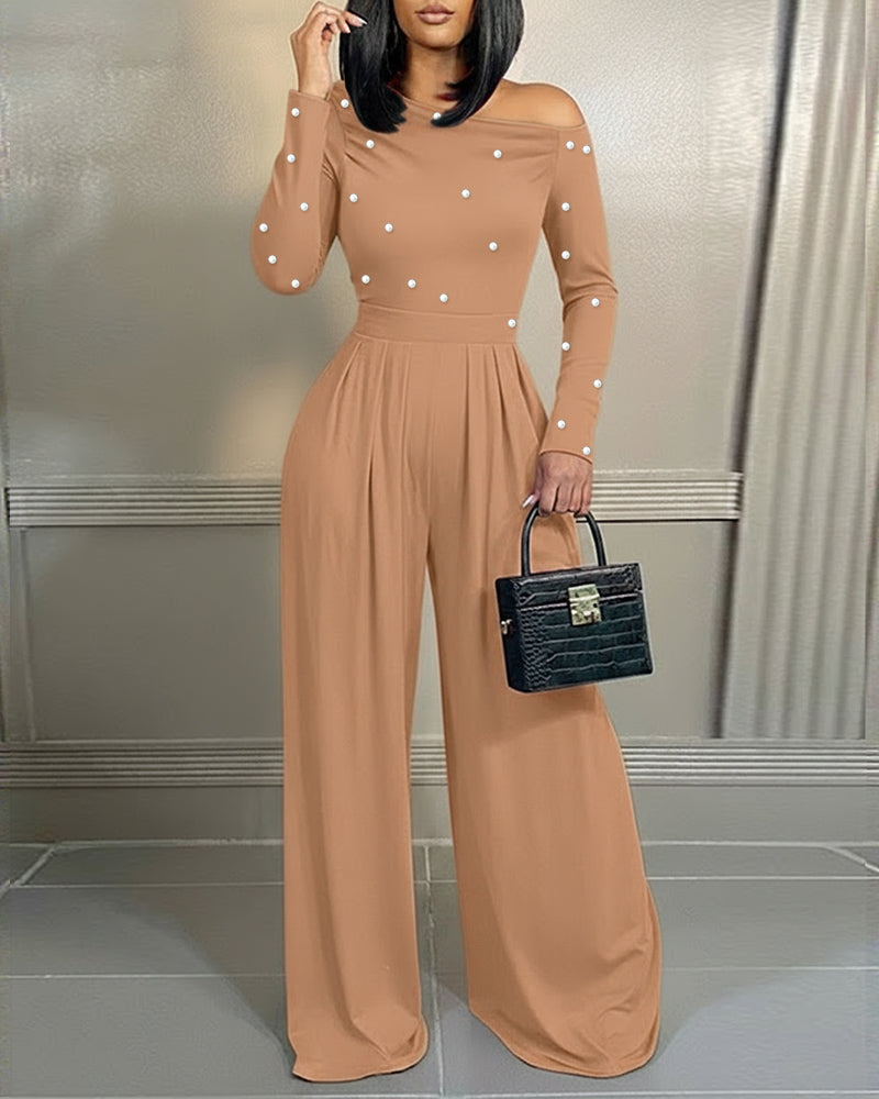 Pearl-Adorned Asymmetrical Neck Ruched Jumpsuit with Cinched Waist