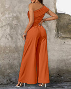 Buckled Cold Shoulder Ruched Wide-Leg Fashion Jumpsuit