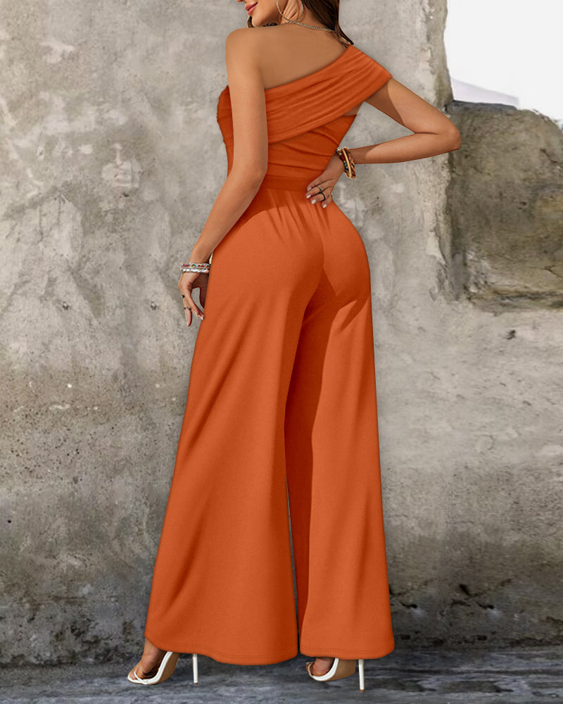 Buckled Cold Shoulder Ruched Wide-Leg Fashion Jumpsuit