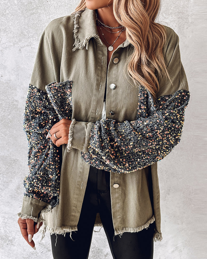 Raw Hem Sequin Patchwork Denim Shacket with Button Front