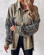 Raw Hem Sequin Patchwork Denim Shacket with Button Front