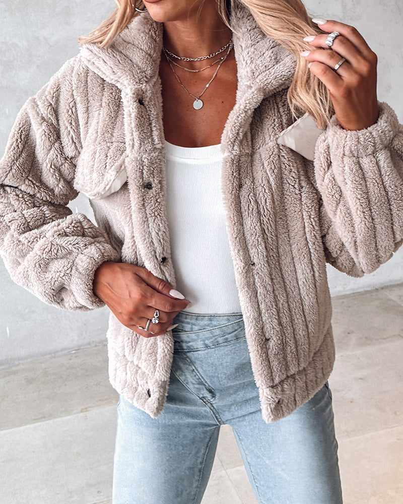 Striped Teddy Fleece Jacket with Buttons and Flap Pockets