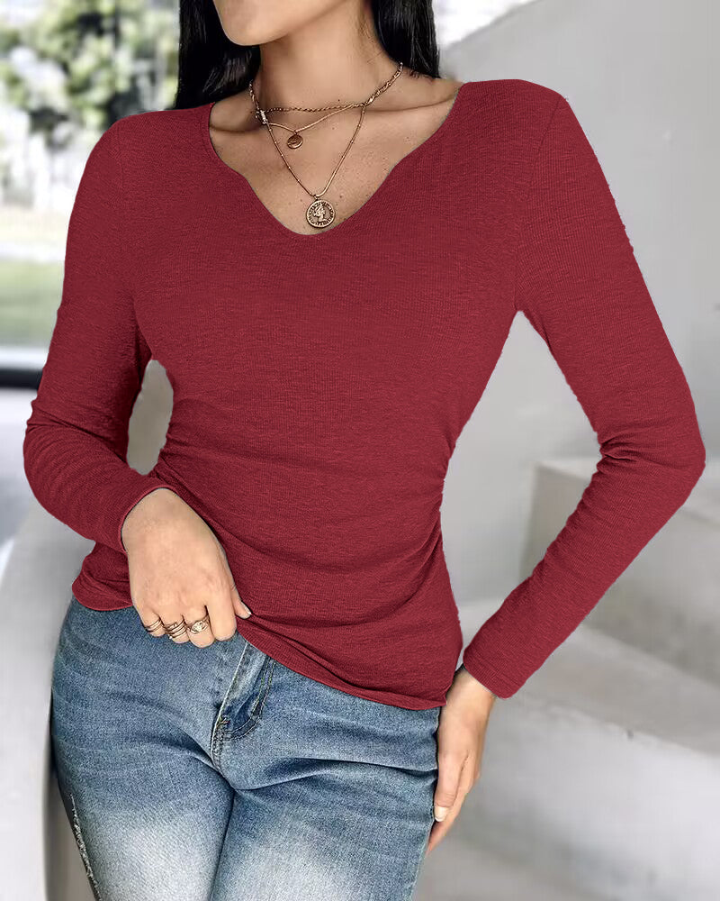 Rib Knit Notch Neck Long Sleeve Top with Built-In Bra