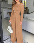 Pearl-Adorned Asymmetrical Neck Ruched Jumpsuit with Cinched Waist
