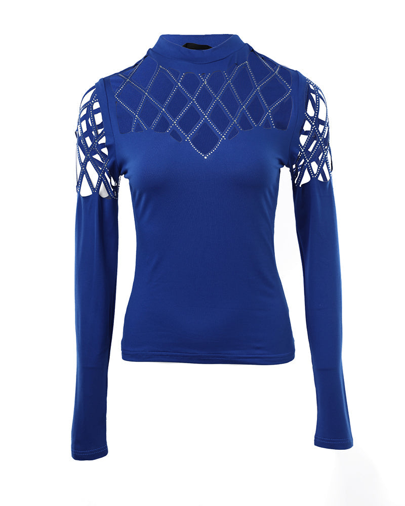 Hollow Rhinestone Cold Shoulder Long-Sleeve Casual T-Shirt