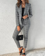2-Piece Plaid Blazer with Notched Collar and Drawstring Pants Set