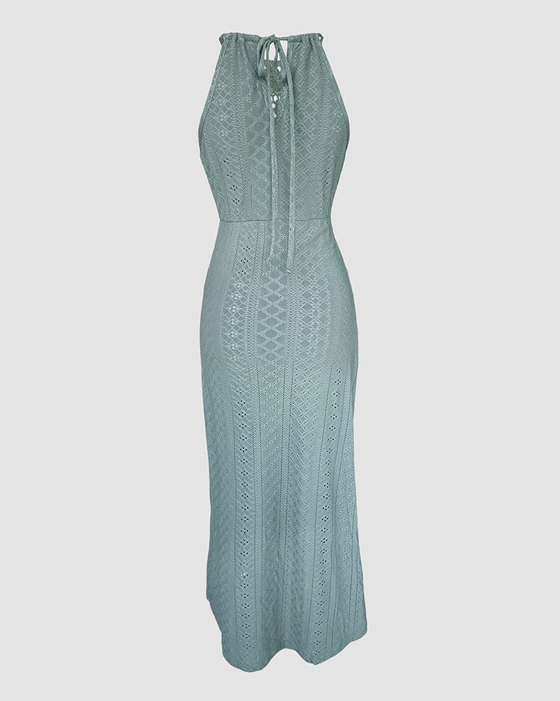 Ruched Halter Dress with Lace Yoke and Adjustable Neckline