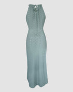 Ruched Halter Dress with Lace Yoke and Adjustable Neckline