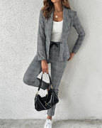 2-Piece Plaid Blazer with Notched Collar and Drawstring Pants Set