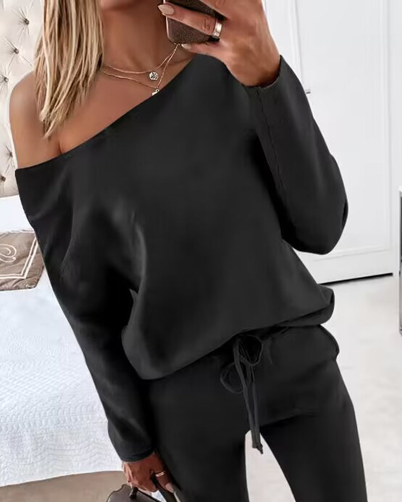 2-Piece Asymmetrical Neck Sweater and Drawstring Slim-Fit Pants Set