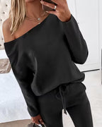 2-Piece Asymmetrical Neck Sweater and Drawstring Slim-Fit Pants Set