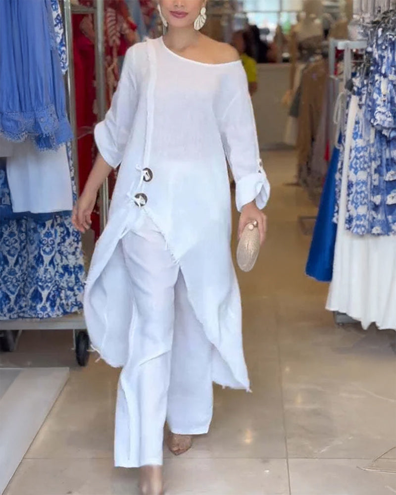 One-Shoulder Top with Coordinating Wide-Leg Pants Set