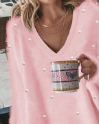 V-Neck Beaded Long Sleeve Fluffy Oversized Pullover Sweater