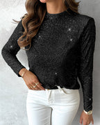 Sequin Mock Neck Top with Long Sleeves and Open Back