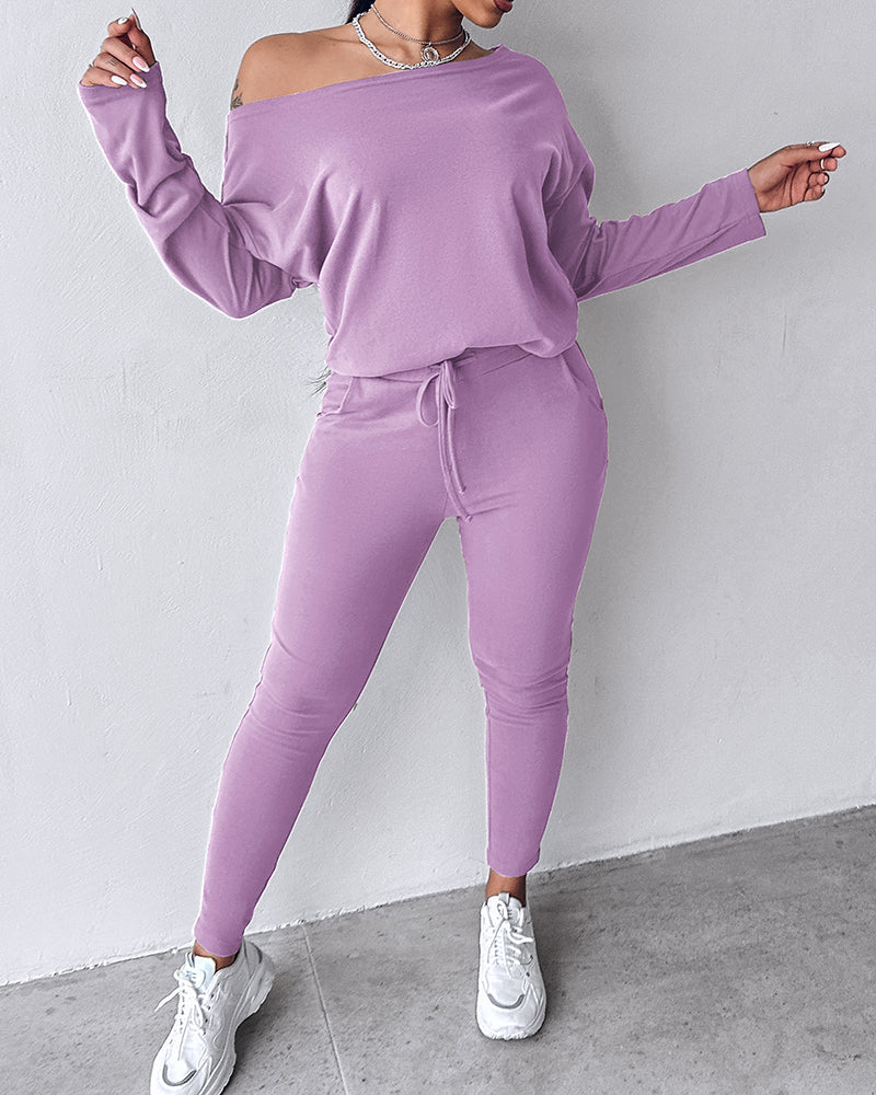 2-Piece Asymmetrical Neck Sweater and Drawstring Slim-Fit Pants Set