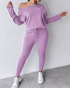 2-Piece Asymmetrical Neck Sweater and Drawstring Slim-Fit Pants Set