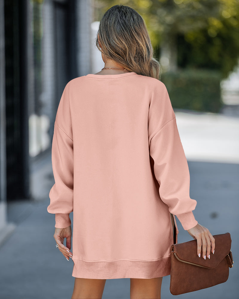 Drop Shoulder Zip-Side Long Sleeve Pullover with Slit Detail.