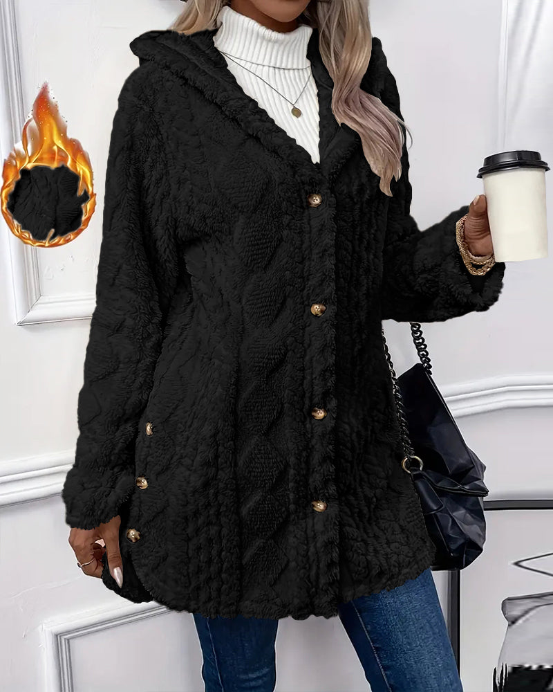 Argyle Hooded Teddy Coat with Buttoned Slits