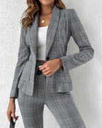 2-Piece Plaid Blazer with Notched Collar and Drawstring Pants Set