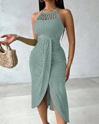 Textured Criss Cross Halter Knit Dress with Front Slit