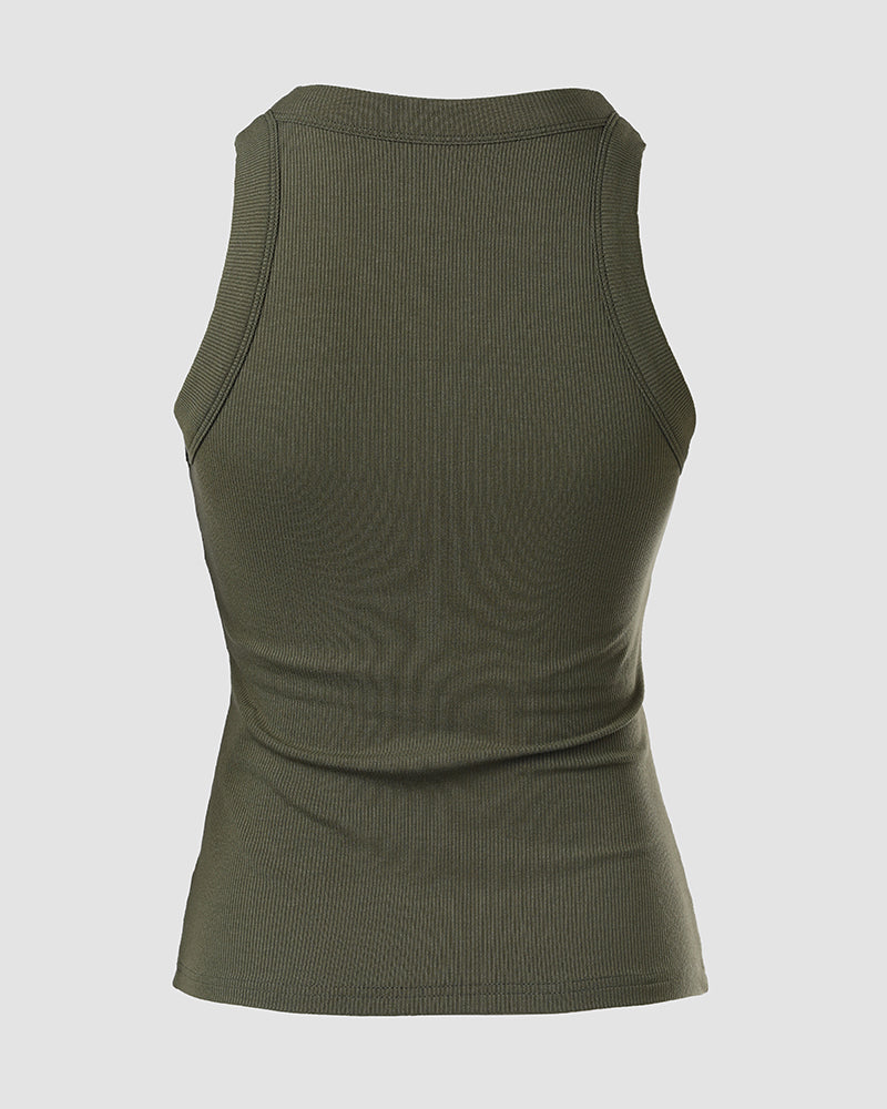 Ribbed Tank Top with Built-In Bra and Round Neck