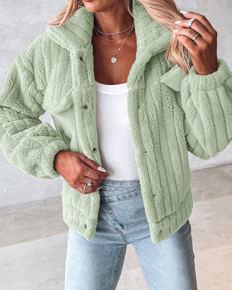 Striped Teddy Fleece Jacket with Buttons and Flap Pockets