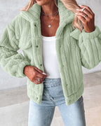 Striped Teddy Fleece Jacket with Buttons and Flap Pockets
