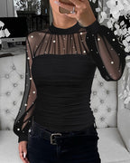 Pearl-Embellished Mesh-Inset Ruched Tee with Open-Back Detail