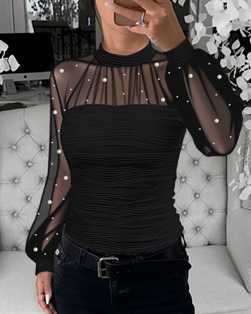 Pearl-Embellished Mesh-Inset Ruched Tee with Open-Back Detail