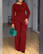 Cowl Neck Asymmetrical Cinched Waist Wide Leg Zippered Jumpsuit