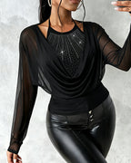 Sheer Mesh-Back Rhinestone Halter Tee with Cowl Neck