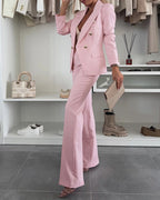 2-Piece Notched Collar Coat with Slim Fit Flared Pants Set