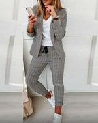 2-Piece Plaid Blazer with Notched Collar and Drawstring Pants Set
