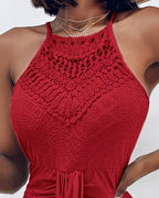 Ruched Halter Dress with Lace Yoke and Adjustable Neckline