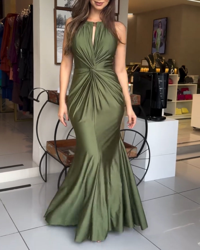 Satin Sleeveless Mermaid Dress with Hollow-Out Twist Front Detail