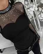 Rhinestone Mock Neck Sheer Mesh Lantern Sleeve Slim Top