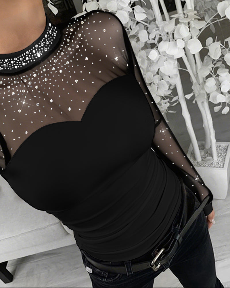 Rhinestone Mock Neck Sheer Mesh Lantern Sleeve Slim Top