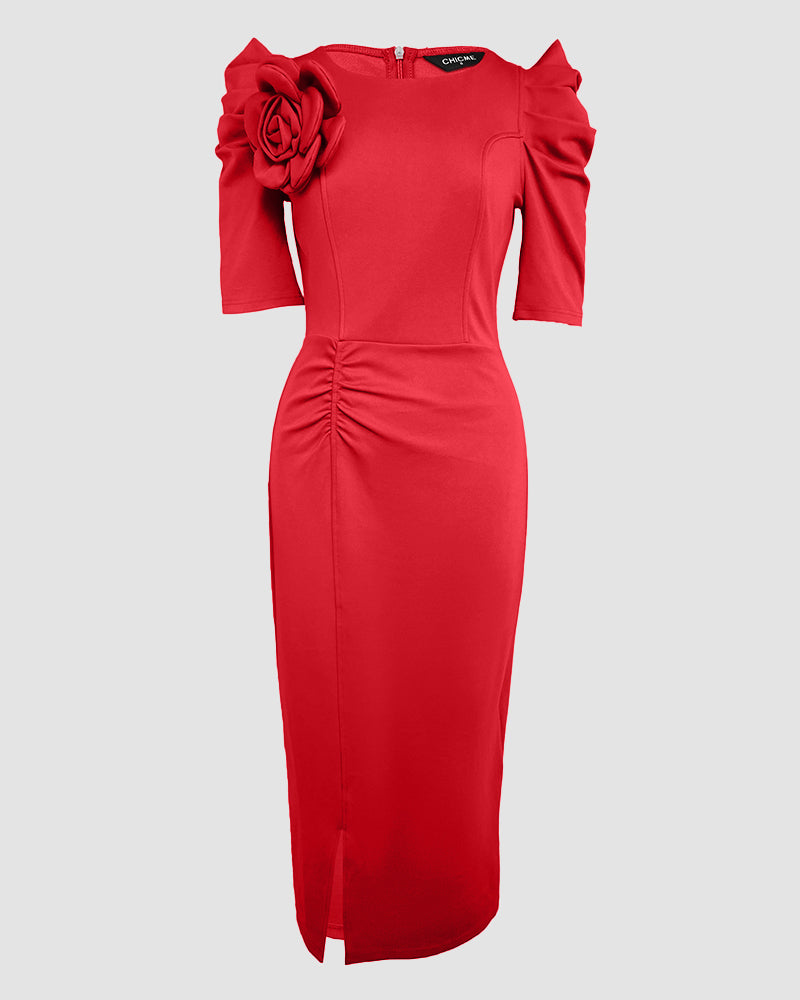 3D Floral Ruched Bodycon Dress with Puff Sleeves and Slit