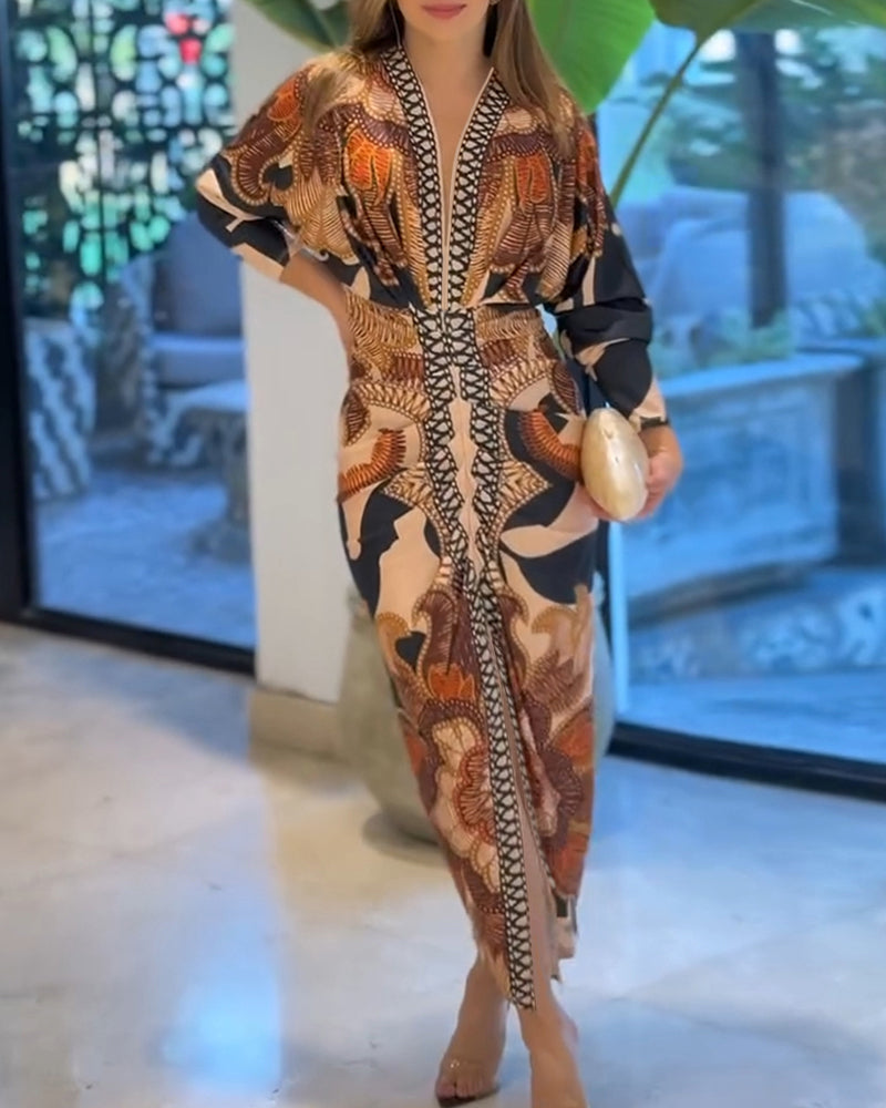 Vintage Baroque Deep-V Bodycon Dress with Slit and Ruching