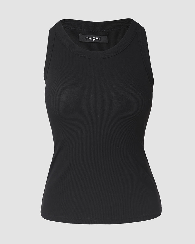 Round Neck Ribbed Tank Top with Integrated Bra